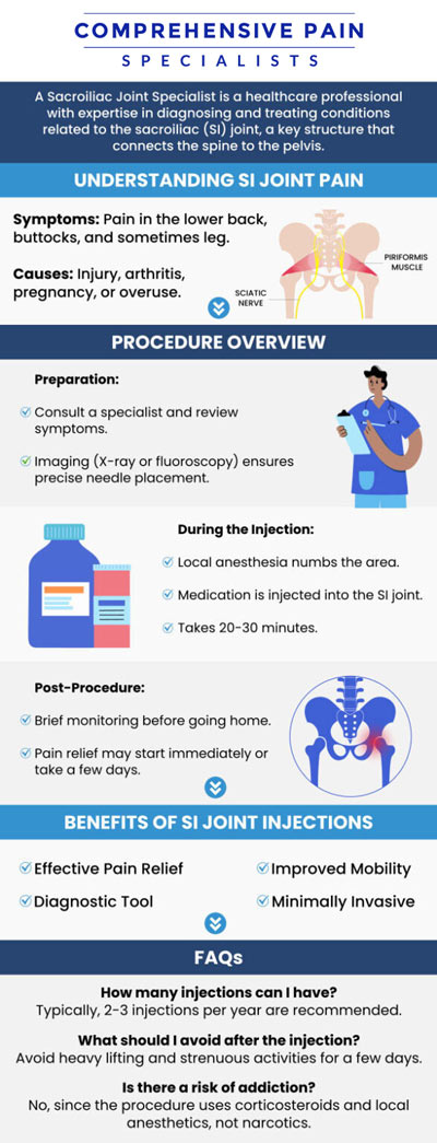 Common questions asked by patients: How quickly can patients expect pain relief after a Sacroiliac Joint Injection? How many Sacroiliac Joint Injections are typically needed for effective results? Can Sacroiliac Joint Injections be used in combination with other treatments for pain management? Who is an ideal candidate for Sacroiliac Joint Injections? For more information, contact us or book an appointment online. We are located at 1177 PA-315, Dolphin Plaza, Wilkes-Barre, PA 18702. We serve patients from Wilkes-Barre PA, Glen Lyon PA, Dallas PA, Pittston PA, Mountain Top PA, Plymouth PA, and surrounding areas.
