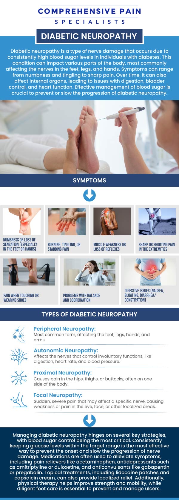 Common questions asked by patients: What is diabetic neuropathy and how does it develop? What are the symptoms of diabetic neuropathy? Can nerve blocks or injections help relieve symptoms of diabetic neuropathy? How long does it take to see improvement with diabetic neuropathy treatment? For more information, contact us or book an appointment online. We are located at 1177 PA-315, Dolphin Plaza, Wilkes-Barre, PA 18702. We serve patients from Wilkes-Barre PA, Glen Lyon PA, Dallas PA, Pittston PA, Mountain Top PA, Plymouth PA, and surrounding areas.